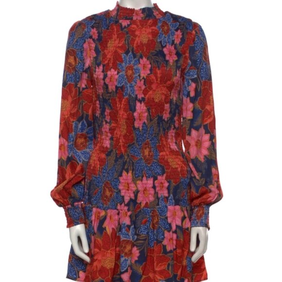 FARM RIO Floral Red Multi Mixed Flower Prints Smocked Mini Dress XS $221 - Picture 5 of 14